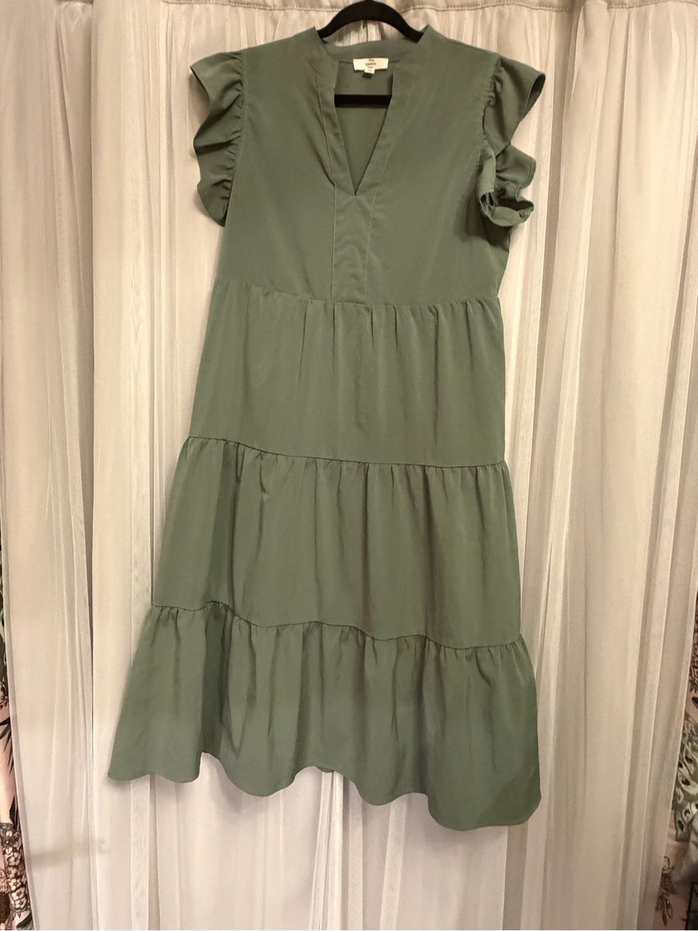 entro Sage Green Tiered Midi Dress with Ruffle Sleeves